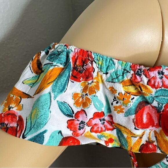 Forever 21 Watercolor Skater Floral Mini Dress Off Shoulder Green Red White L - Picture 5 of 13